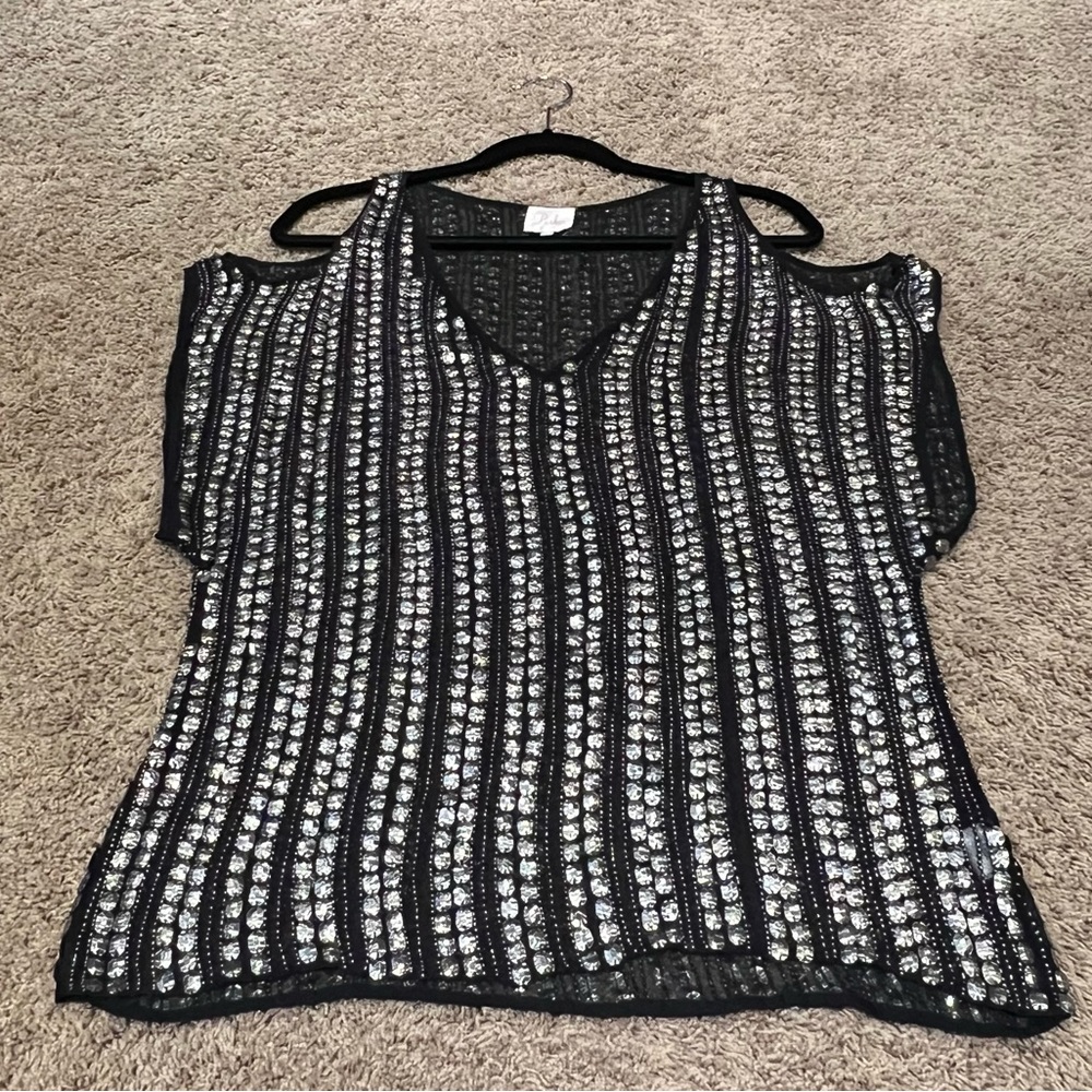 Used Parker 100% silk beaded sequin top, cold shoulder, black and silver